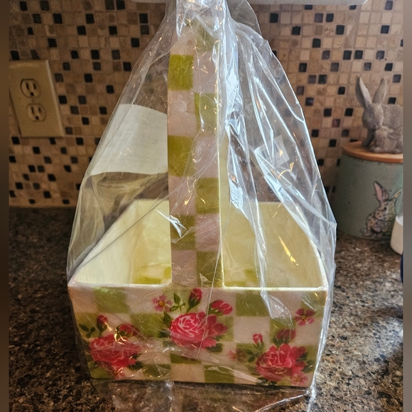 Mackenzie-Childs Green Checkered Floral Basket - Picture 4 of 9